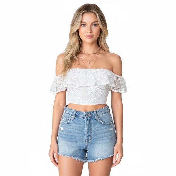 NEW HYFVE White Lace Ruffle Off the Shoulder Summer Crop Top - Picture 1 of 7